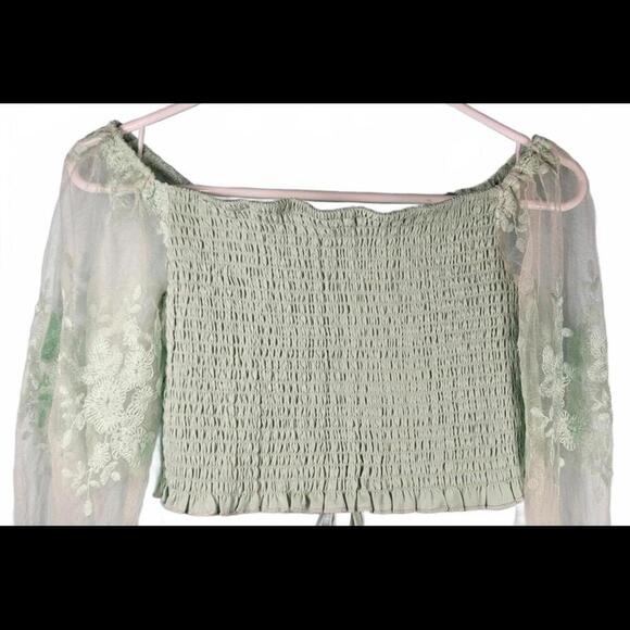 Chic Mint Green Smocked Crop Top with Sheer Sleeves Size Medium - Picture 2 of 8